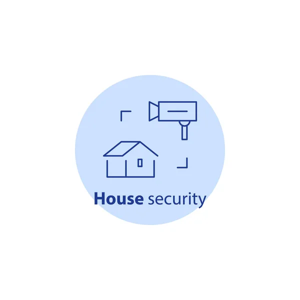 Dom, monitoring wizyjny, system alarmowy straży, bezpieczeństwa w domu, przed włamaniem, właściwość przerwa w ubezpieczenia, ikona obrysu — Wektor stockowy