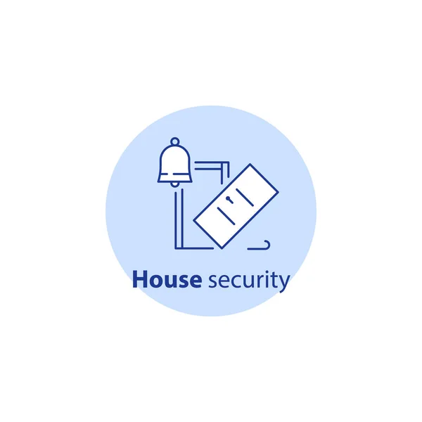 Dom system alarmowy straży, bezpieczeństwa w domu, przed włamaniem, właściwość przerwa w ubezpieczenia, ikona obrysu — Wektor stockowy