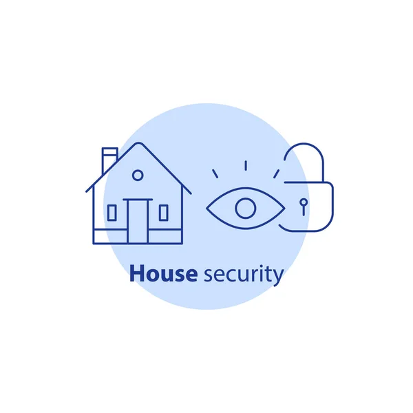 Dom, monitoring wizyjny, system alarmowy straży, bezpieczeństwa w domu, przed włamaniem, właściwość przerwa w ubezpieczenia, ikona obrysu — Wektor stockowy
