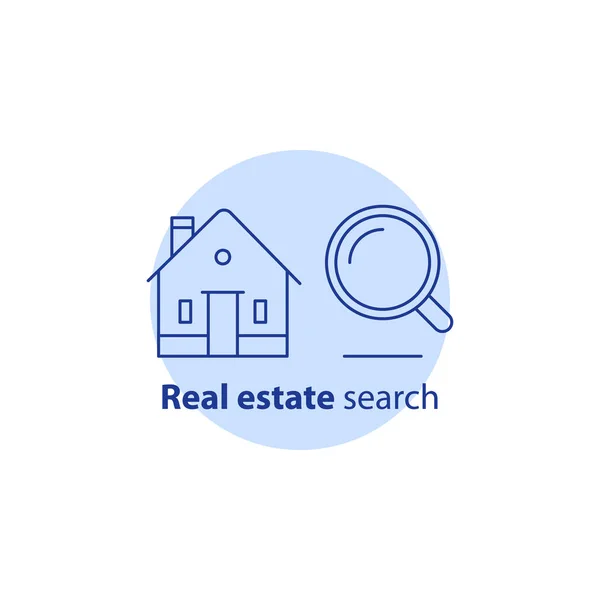 Encontrar el logotipo del concepto de casa, servicios de búsqueda de bienes raíces, lupa, edificio residencial, icono de trazo vectorial — Archivo Imágenes Vectoriales