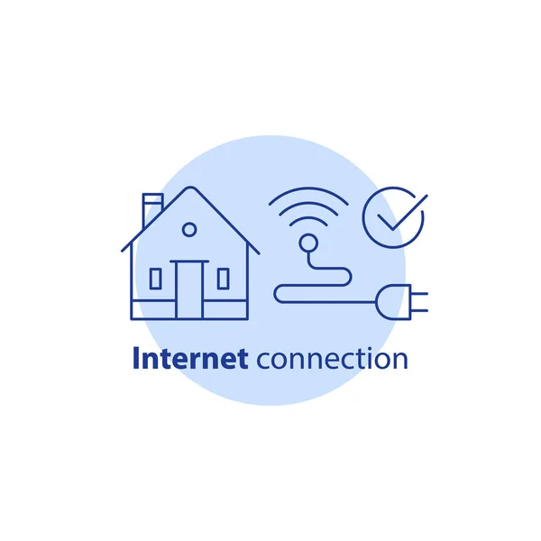 Home Wi-Fi-Konzept, drahtloses Netzwerk, Internet-Verbindungsdienste, Smart House, Vektor-Schlaganfall-Symbol — Stockvektor