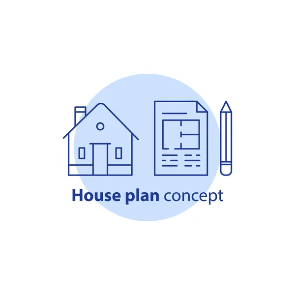 Melhoria e remodelação da casa, serviços de plano de casa, conceito de renovação de edifícios residenciais, planta e lápis, ícone vetorial —  Vetores de Stock