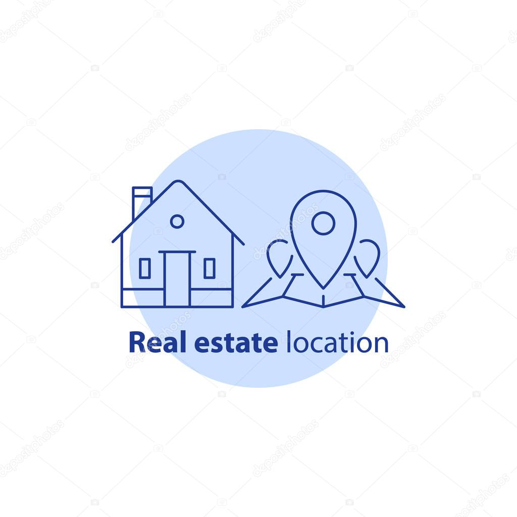 House location, map pin point, real estate services, home relocation, residential district, neighborhood concept, vector line icon