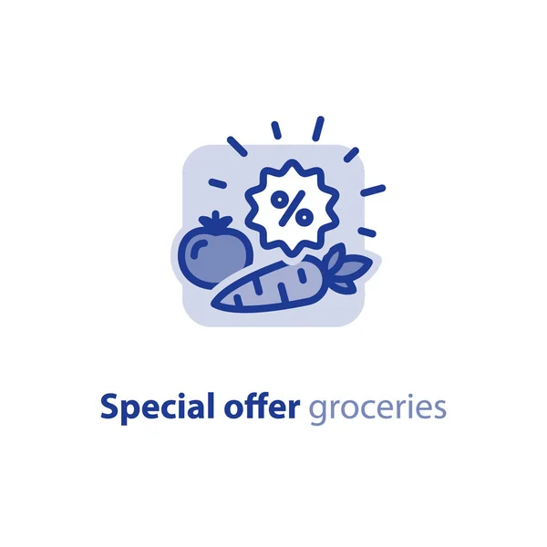 Čerstvá zelenina speciální nabídka, cena redukce, obchod s potravinami prodej, sleva koncepce, ikona čáry — Stockový vektor