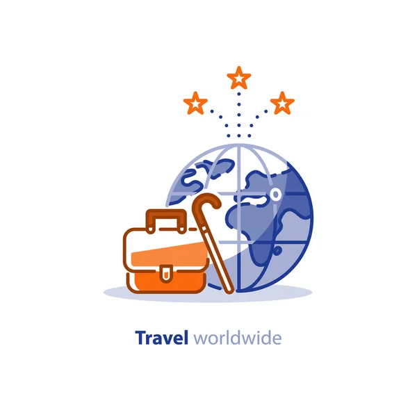 Viajar alrededor del mundo concepto, servicios turísticos, bolsa y globo terráqueo — Vector de stock