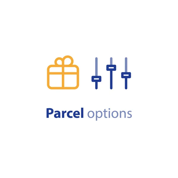 Opsi pengiriman, layanan pengiriman, parameter paket, ukuran kotak dan berat - Stok Vektor