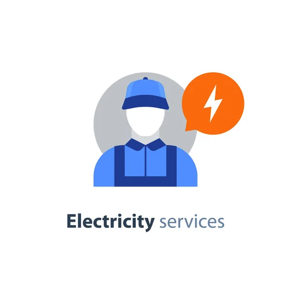 Servicios de electricidad, icono del electricista, reparador eléctrico, técnico, ingeniero de mantenimiento — Vector de stock