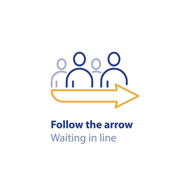 Waiting in line, standing in queue, follow the arrow sign, direction pointer, vector icon — Stock Vector