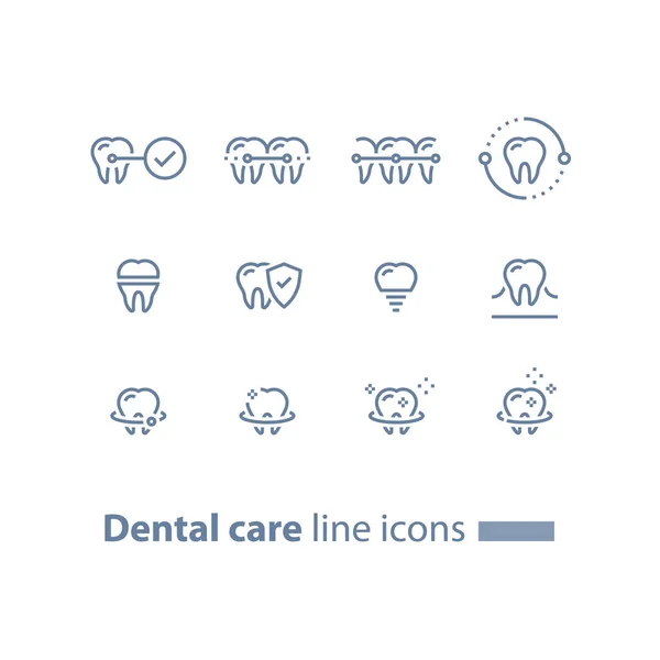 Брекеты, стоматологические услуги, стоматологические услуги, чистка и отбеливание зубов, имплантаты и коронки, концепция защиты, иконки линий — стоковый вектор