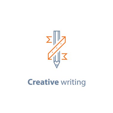 Hikaye anlatımı kavramı, yaratıcı yazarlık, kalem ve şerit, copywriting, doğrusal simgesi