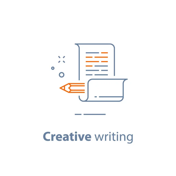 Storytelling konceptet, kreativt skrivande, penna och papper, copywriting, linjär ikonen — Stock vektor