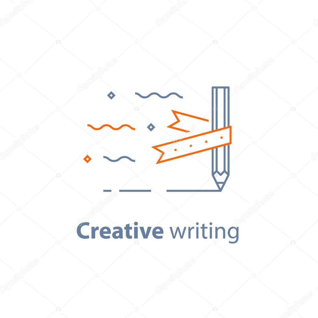 Creative writing, storytelling concept, pencil and ribbon, copywriting, vector line icon