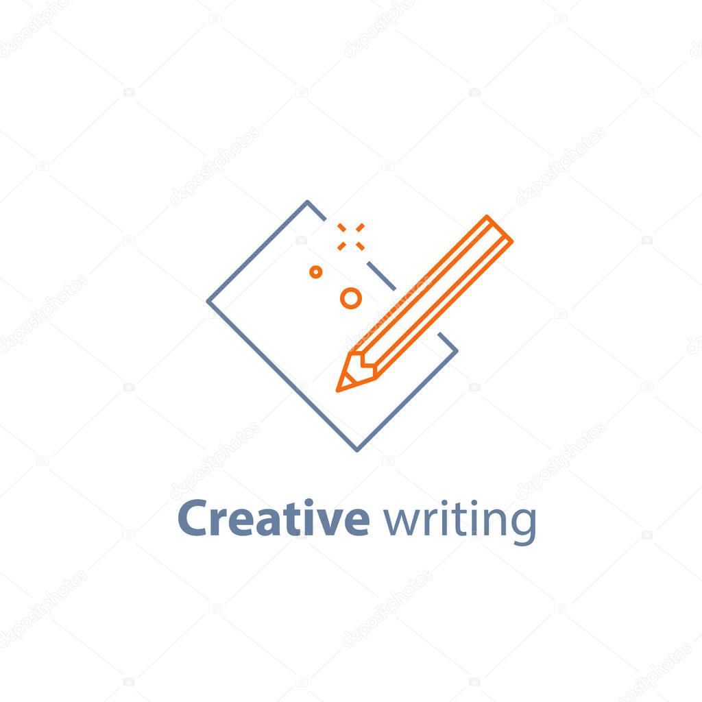 Creative writing, storytelling concept, pencil and sheet of paper, copy writing, vector line icon