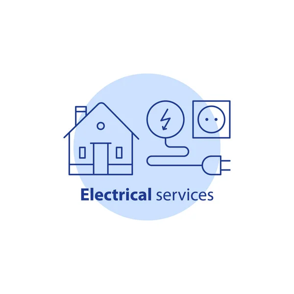 Trabajos de reparación de electricidad, servicios eléctricos de la casa, mejoras para el hogar, icono de trazo vectorial — Archivo Imágenes Vectoriales