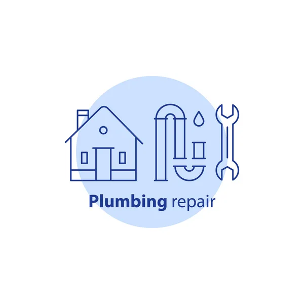 P-trap clog cleaning, change pipes, house plumbing services, dismantle tubes, sewer repair, canalization maintenance, vector icon — Stock Vector