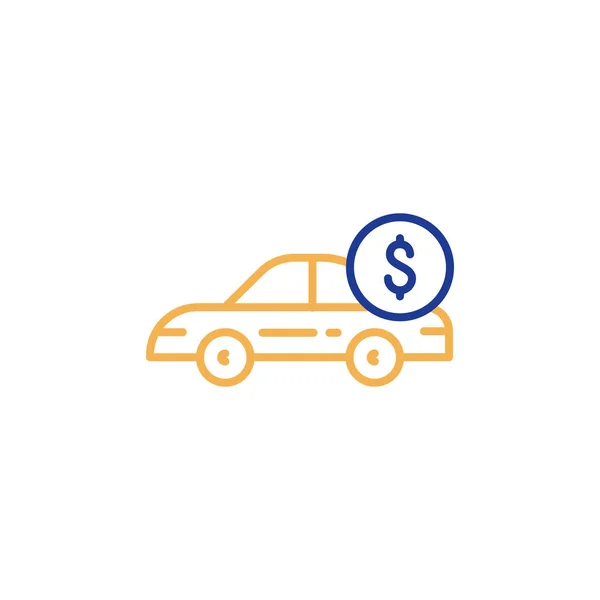 Icono de línea de coche y moneda de dólar, pago de transporte, alquiler de coche — Vector de stock