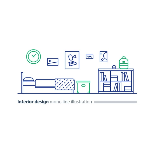 Idea de diseño de interiores, muebles de dormitorio, plan de arreglo, cama y librería — Vector de stock