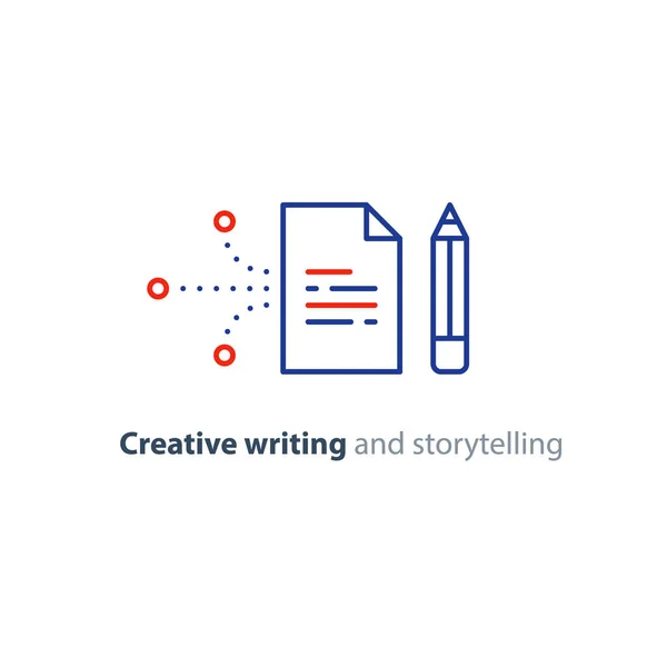 Escritura creativa, idea de contar historias, página de papel e iconos lineales de lápiz — Vector de stock