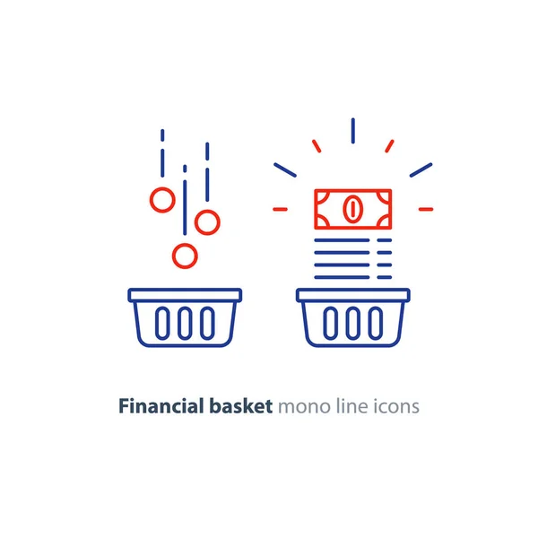 Cesta financeira, conceito de carteira de investimento, plano de orçamento, aumento de receita, ícone de linha — Vetor de Stock