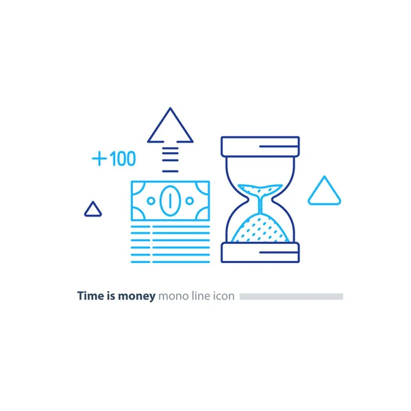 Paquet de trésorerie et verre de sable, le temps est concept d'argent, icônes de ligne d'investissement financier — Image vectorielle