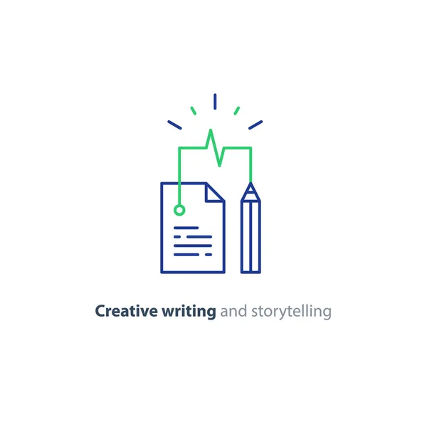 Escrita criativa, ideia de contar histórias, página de papel e ícones lineares a lápis — Vetor de Stock