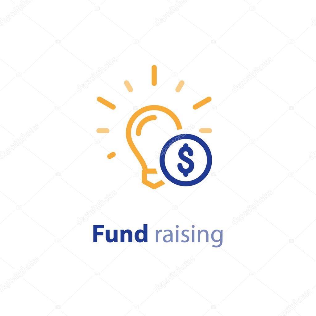 Donation and crowdfunding concept, fund raising, sponsor, idea light bulb, start up business, vector line icon