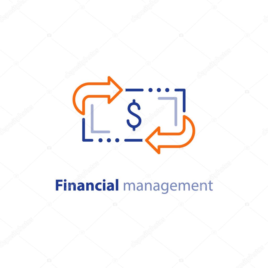 Financial services, cash back concept, money refund, return on investment, savings account, currency exchange, vector line icon