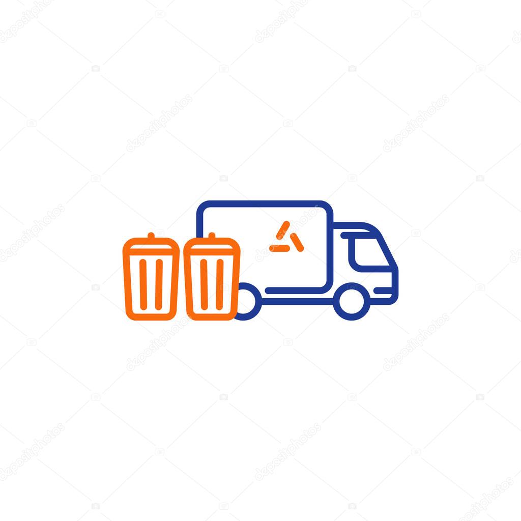 Garbage collector services, waste transportation truck, rubbish bins, dump vehicle, vector mono line icon
