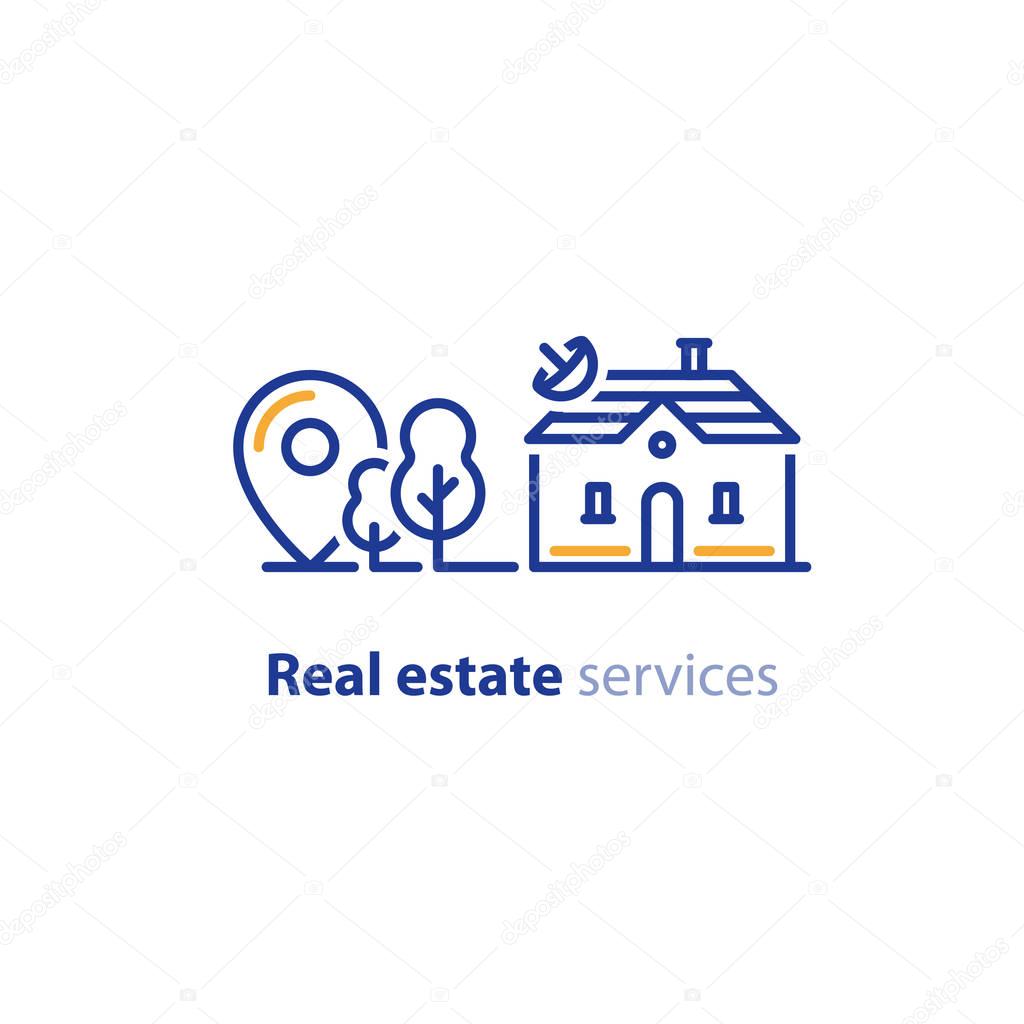 Detached house location, suburban home, real estate concept, residential neighborhood vector line icon