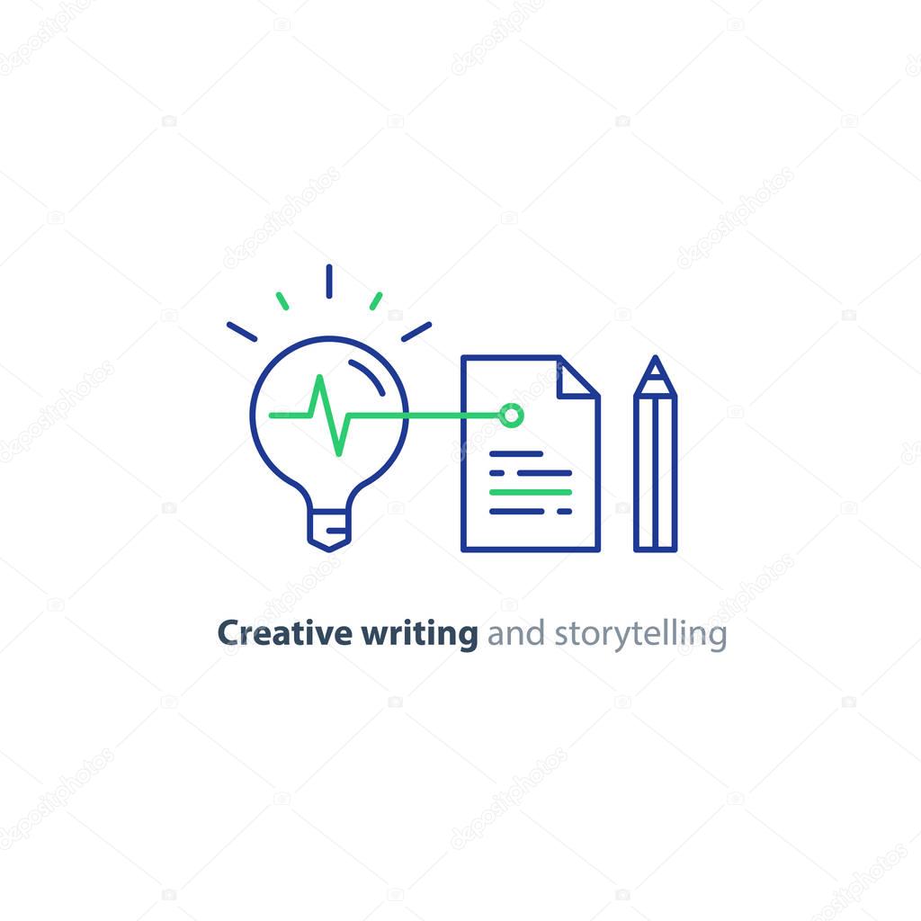 Creative writing and thinking concept, storytelling idea lightbulb, vector mono line icons