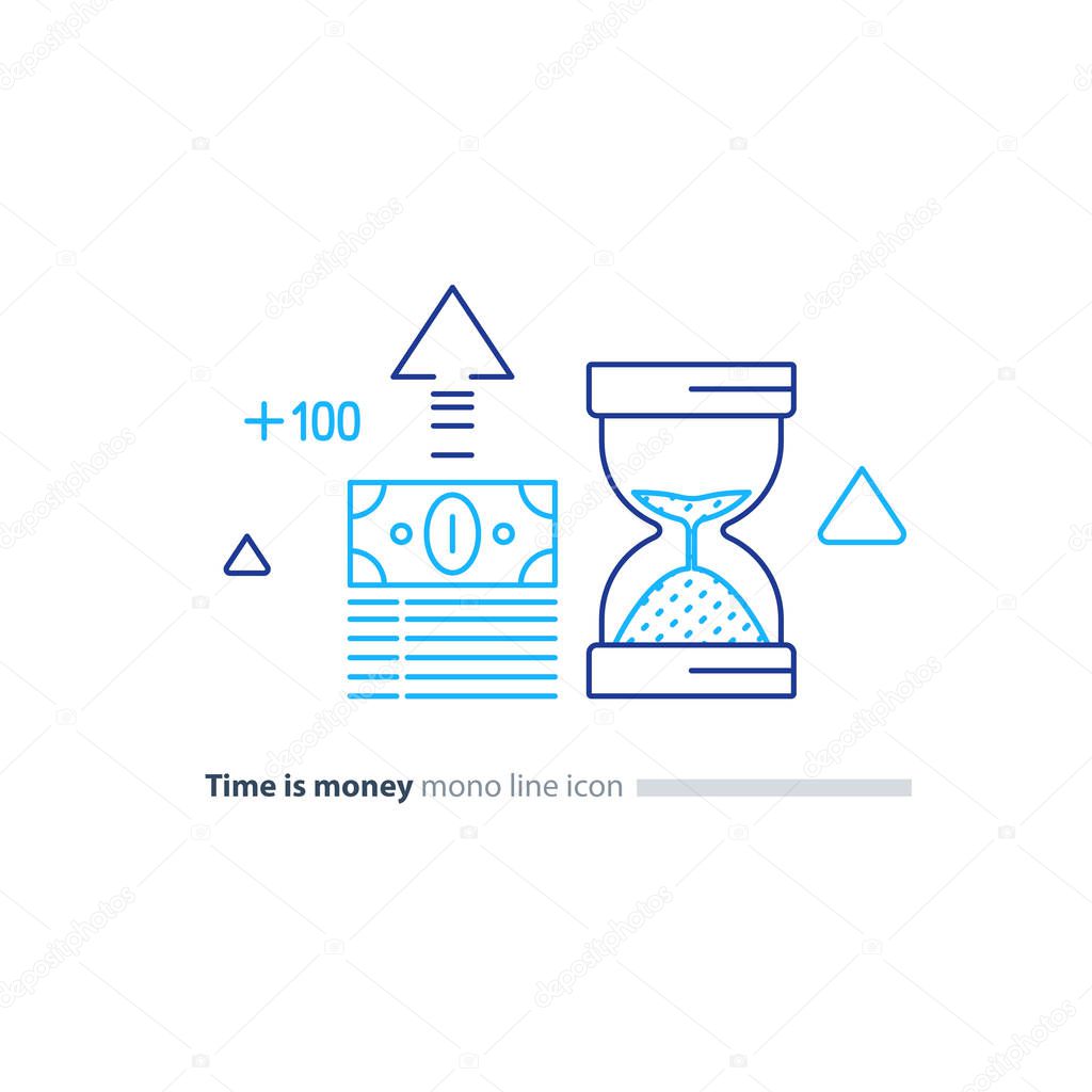Time is money concept, financial long term investment plan, budget management, fund rising, asset growth, income increase, cash bills bundle, compound interest, vector mono line icons