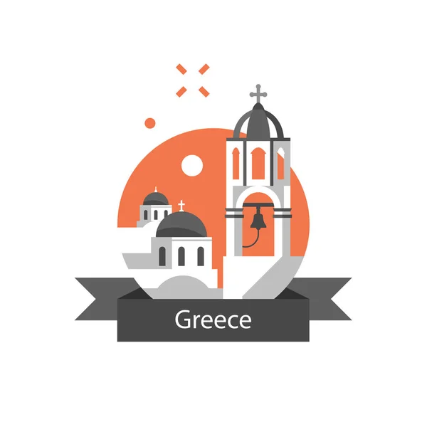 Grecki architektura, cel podróży Grecja, Santorini białe i niebieskie domy z kopuły dachu stylizowane koncepcja, dzwonnica — Wektor stockowy