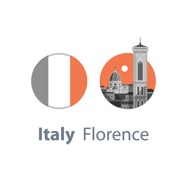 Catedral y vista de la torre, Italia, símbolo de Florencia, destino de viaje, hito famoso, bandera italiana — Vector de stock
