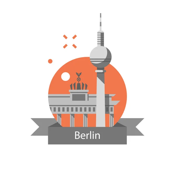 Símbolo de Berlim, Portão e torre de Brandemburgo, Alemanha destino de viagem, marco famoso, conceito de turismo —  Vetores de Stock