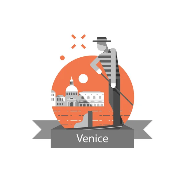 Destino de viaje, Italia, símbolo de Venecia, monumento famoso, góndola y hombre de sombrero — Vector de stock