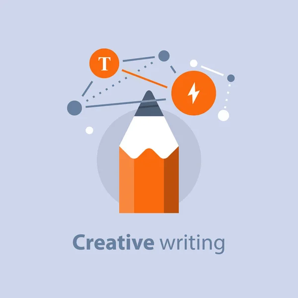 Conceito com lápis, escrita criativa, storytellyng e copywriting, aprendizagem de assunto, solução de design — Vetor de Stock