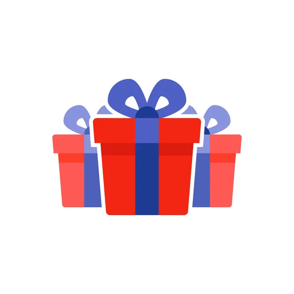 Premio recompensa de lealtad, tres sorprendentes cajas de regalo, súper regalo, regalo de cumpleaños, icono plano — Vector de stock