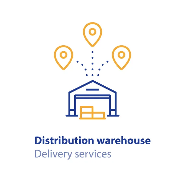 Servicios de distribución, almacén y transporte, set de iconos — Vector de stock