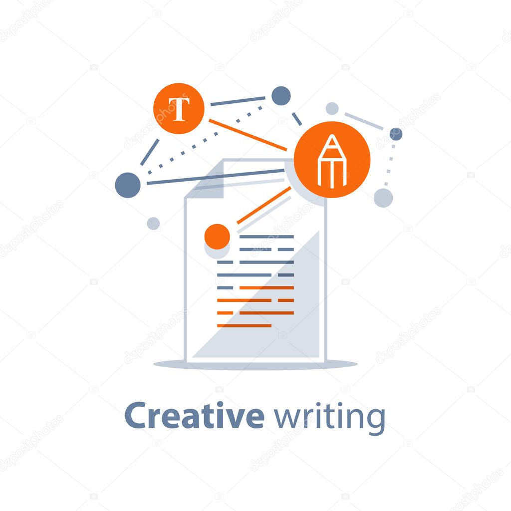 Summary reading, brief report, assignment concept, storytelling and copywriting, creative writing, grammar review, contract terms and conditions, education test, exam preparation, vector icon