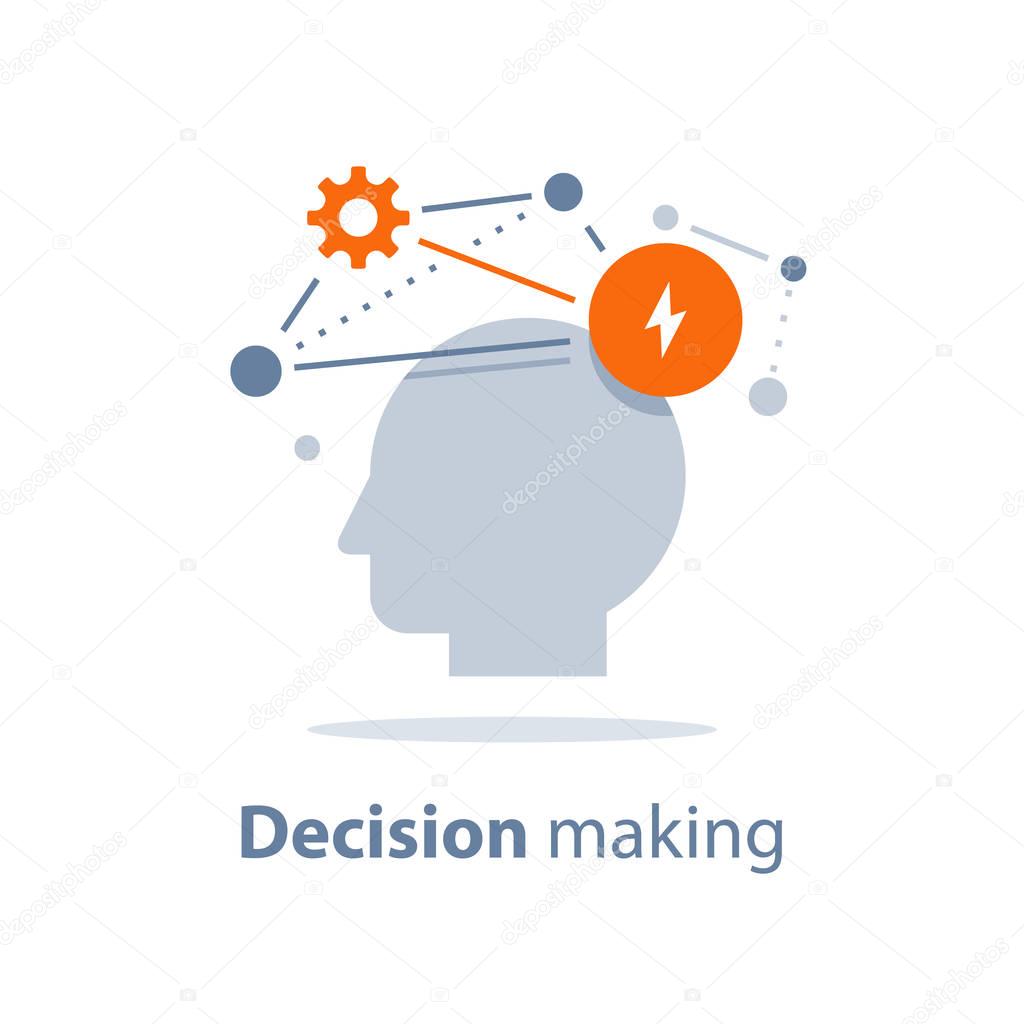 Decision making, emotional intelligence, positive mindset, psychology and neurology, social skills, behavior science, creative thinking, human head, learning concept, vector icon, flat illustration