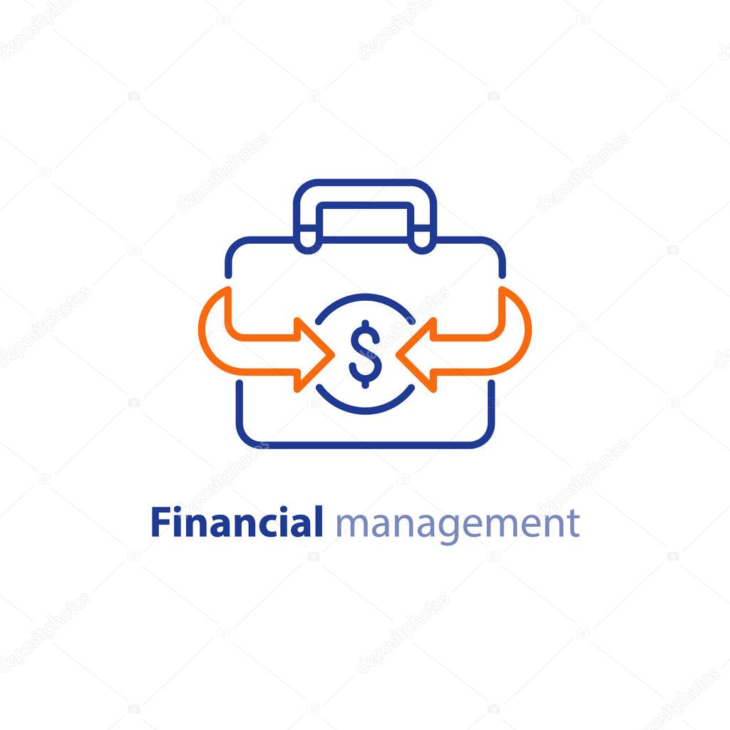 Financial services, cash back concept, money refund, return on investment, savings account, currency exchange, vector line icon
