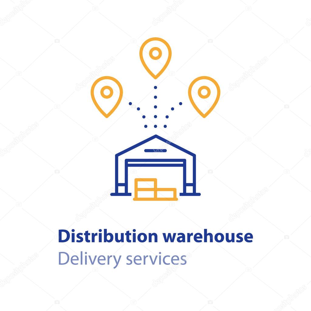 Distribution services, warehouse and transportation, icon set
