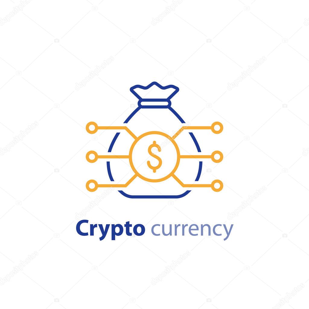 Crypto currency concept, block chain, money bag, financial item, investment portfolio, innovation technology, business start up, invest fund, vector line icon