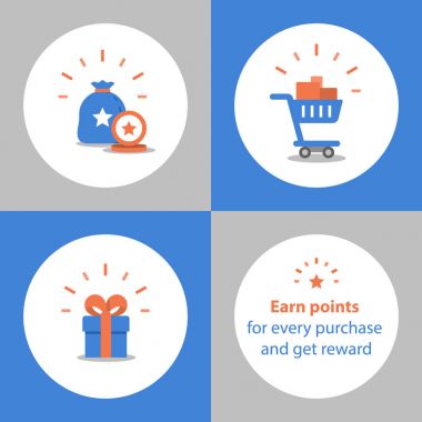 Earn points for purchase, loyalty program, reward concept, full shopping cart, redeem gift clipart