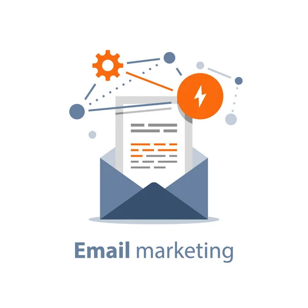 Concept de bulletin, stratégie de marketing par courriel, enveloppe ouverte, lettre d'écriture, résumé nouvelles services rss — Image vectorielle