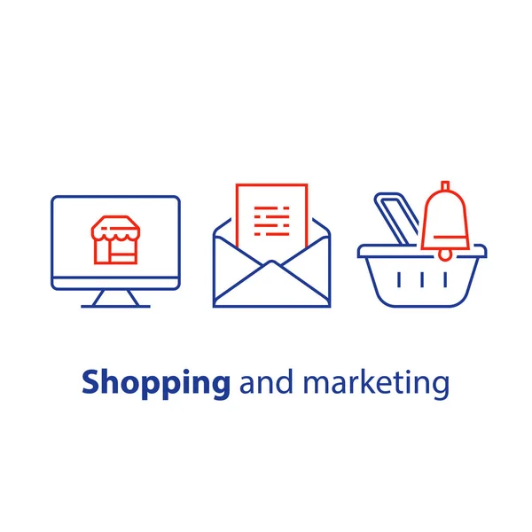 Abandoned cart email restder, strategia di shopping e marketing online, abbonamento lettera di notizie, miglioramento delle vendite — Vettoriale Stock