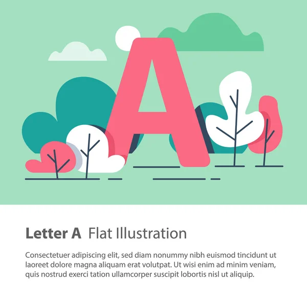 Dekoratif alfabesi, çiçek arka plan, park ağaçlar, basit bir yazı, eğitim kavramı içinde A harfi — Stok Vektör