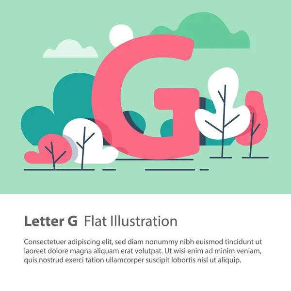 Dekorativt alfabet, bokstaven G i blommig bakgrund, parkträd, enkla teckensnitt, utbildning koncept — Stock vektor