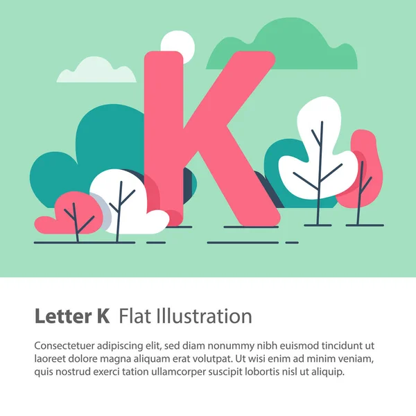 Dekorativt alfabet, bokstaven K i blommig bakgrund, parkträd, enkla teckensnitt, utbildning koncept — Stock vektor
