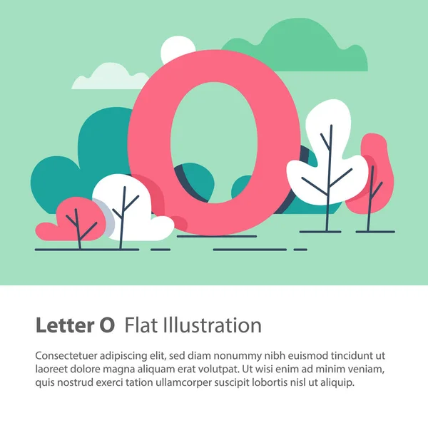 Dekoratif alfabesi, çiçek arka plan, park ağaçlar, basit bir yazı, eğitim kavramı O harfi — Stok Vektör